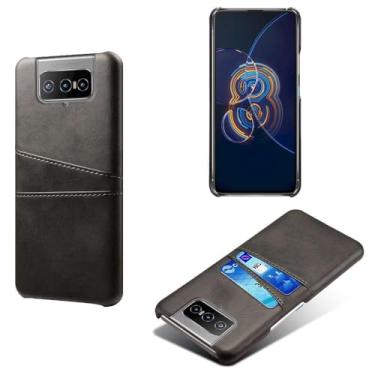 Imagem de Capas Compatível com ASUS Zenfone 8 Filip,Caso de couro PU-Tampa de telefone a prova de choque com 2 slots de cartão,Proteção anti-impressão digital e anti-gota-Black