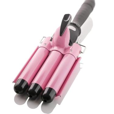 Imagem de Modelador de cachos ondulado de 3 barris, visor LCD, turmalina cerâmica, rosa, 33 cm