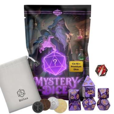 Imagem de DND Mystery Dice Set – 7 Random Polyhedral RPG Dice, 4 Metal Coins, Enamel Pin & Velvet Bag – 1 in 10 Chance to Get Premium Dice – Gift for TTRPG Player, DM & Dice Goblin (Standard Edition)