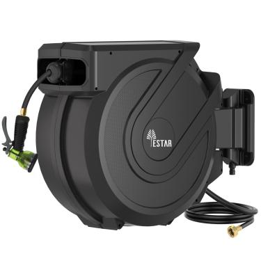 Imagem de YESTAR Carretel de mangueira de jardim retrátil 1,27 cm x 130 m, carretel de mangueira automático com bocal de 7 padrões, bloqueio de qualquer comprimento montado na parede e giro de 180 graus