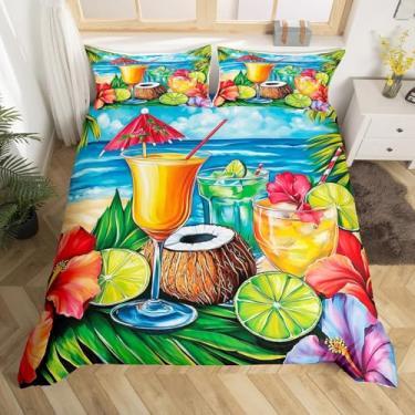 Imagem de Juice Drink Conjunto de capa de edredom tamanho solteiro, coco, limão, flores tropicais, palmeira, decoração de quarto de meninos, meninas, verão, oceano, praia, Havaí, capa de edredom colorida, 1