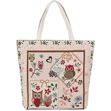 Imagem de Sacos De Compras De Supermercado Reutilizáveis Bolsa De Lona De Ombro Com Padrão De Coruja Para Mulheres Meninas Bolsa De Ombro Grande - Lona Multifutional, Creamy-white