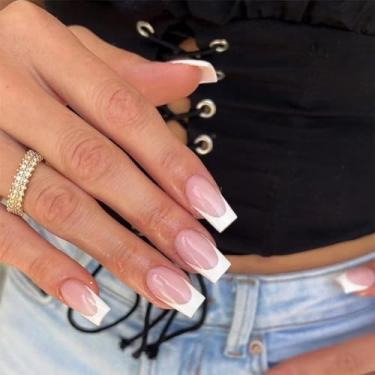 Imagem de Unhas postiças quadradas médias de pressão, cola em unhas postiças médias com pontas francesas brancas, design de prensa brilhante, unhas de acrílico, unhas artificiais para mulheres, 24 peças