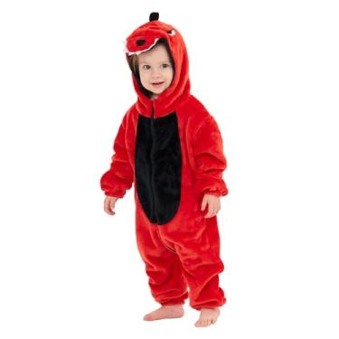 Imagem de LONULAIN Pijama unissex de fantasia de animal, macacão infantil de flanela com capuz para cosplay, roupa de casa/roupa de dormir, Dinossauro vermelho, 18-24 Months/Height:33"-35"
