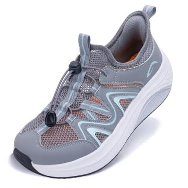 Imagem de Artlea Sapatos de caminhada femininos com bico largo, suporte de arco, fascite plantar, ortopédico, tênis de corrida sem cadarço, Azul-cinza, 8 Wide