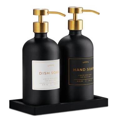 Imagem de Dispensador de loção para mãos e detergente para cozinha e banheiro | Conjunto de 2 garrafas de vidro de 500 ml com bomba de aço inoxidável, 15 etiquetas à prova d'água e bandeja de silicone (preto