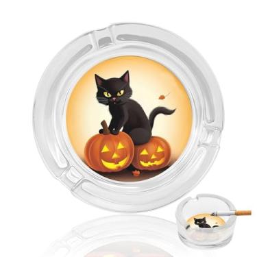 Imagem de Cinzeiro de vidro de cristal de abóbora para gatos pretos de Halloween, cinzeiro redondo para fumar de vidro resistente, portátil, decorativo, moderno, para uso em casa, escritório, interior, exterior