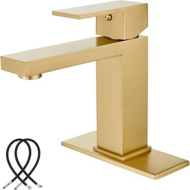 Imagem de Midanya Torneira de pia de banheiro ouro escovado 1 furo único suporte deck torneira misturador lavatório com placa de cobertura uma alavanca aço inoxidável SUS304 comercial