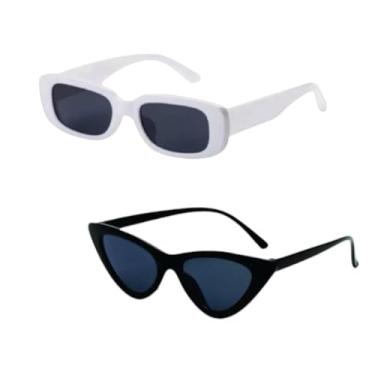 Imagem de Kit 2 Óculos De Sol Preto Retangular + Gatinho Retrô Vintage Feminino Masculino(Gato Branco+0039 Branco)