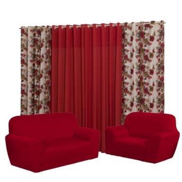 Imagem de Kit Capa para sofá 3 e 2 lugares Coladinha + cortina modelo Florata 2.