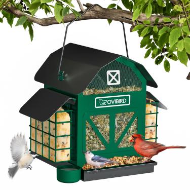 Imagem de Alimentador de pássaros para pendurar ao ar livre, alimentador de pássaros grande de 2,3 kg com 2 gaiolas de sebo, alimentador de pássaros de metal vermelho para uso externo, alimentador cardeal