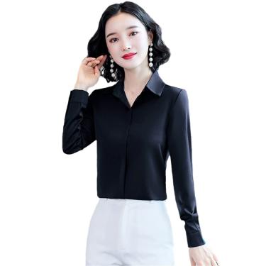 Imagem de Blusas Casuais Femininas Camisas De Cetim De Seda Vintage Hidden Breasted Office Lady Tops Formais, Black, XXL