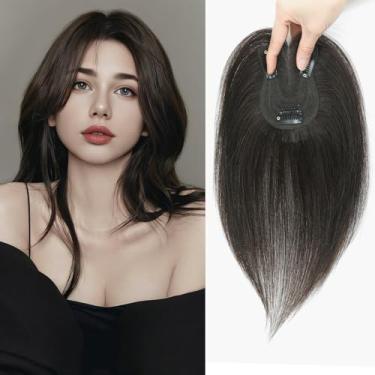 Imagem de YAMI Topper de cabelo humano fofo feminino 25,4 cm feito à mão base suíça 360° cobertura queda de cabelo (marrom escuro)