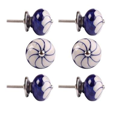 Imagem de Kit com 6 Peças Puxador de Cerâmica Azul e Branco para Gavetas e Móveis Redondo com Padrão Floral 4x8cm