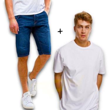 Imagem de Kit Bermuda Jeans Skinny + Camiseta Algodão Masculina Manga Curta 468 