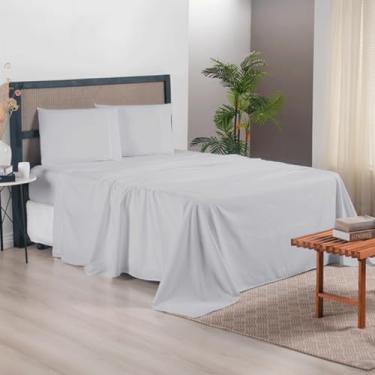 Imagem de Jogo De Cama Casal Queen Size kit 4 Peças Completo Toque Suave E Macio Percal 300 Fios (Jogo De Lençol Cinza)
