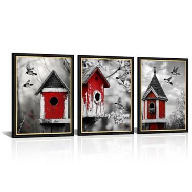 Imagem de AoArtWZ Arte de parede em tela Red Birdhouse, beija-flor, decoração de parede, preto e branco, pássaros, árvores, impressão, arte moderna para sala de estar, moldura preta e dourada