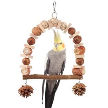 Imagem de CXYYXF Balanço de pássaro natural com brinquedos para mastigar, suporte de poleiro para pássaros com nozes mastigáveis, bolas de vime, blocos de madeira, brinquedo de papagaio seguro para exercícios