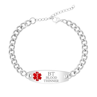 Imagem de Uloveido Pulseira de corrente de elos de aço inoxidável para identificação médica personalizada para homens e mulheres – Joias de informações de saúde com alerta de emergência com gravação