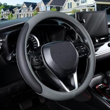 Imagem de SEG Direct Capa de volante para rodas de 37 a 38 cm, couro sintético respirável com laterais perfuradas, aderência antiderrapante, ajuste universal para carros e SUVs, preto e cinza