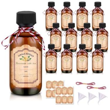 Imagem de Pacote com 12 frascos de vidro âmbar para extrato de baunilha, frascos caseiros de extrato de baunilha de 60 ml, garrafa redonda marrom Boston com tampas e adesivos, recipiente de armazenamento de