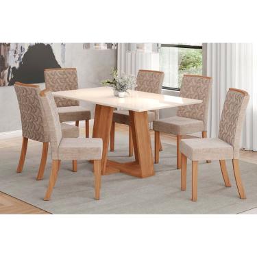 Imagem de Conjunto: Mesa de Cozinha Lins c/ Tampo Madeirado Reto 160x90cm e 6 Cadeiras Esther Nature/Linho Creme - Henn