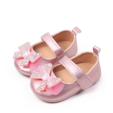 Imagem de Bellocasa Baby Mary Jane Sapatilhas para meninas com laço de algodão sola antiderrapante primeiro andador vestido princesa berço sapatos de casamento, W5122 Rosa, 12-18 Months Toddler