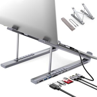 Imagem de SZZCNOX Suporte para laptop USB-C Docking Station, hub USB C 8 em 1, expansão dobrável para tablet com HDMI 4K, USB 3.0, PD 100W, cartão SD/TF, estação de base universal para MacBook/MacBook Pro