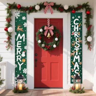 Imagem de BVBOX 2 peças de faixa de porta de Feliz Natal 180 x 30 cm, bandeira de porta de varanda de Natal pendurada vertical para decoração externa, decoração de porta de festa de Natal interna e externa para