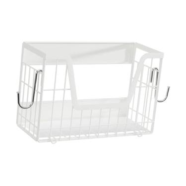 Imagem de IEUDNS Prateleira lateral para geladeira, cesta de frutas e vegetais de metal com ganchos, porta-tempero para geladeira, para quarto, lavanderia, Branco