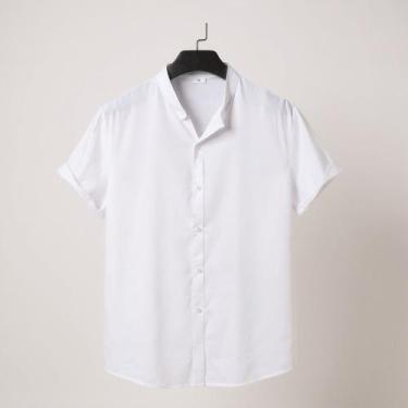 Imagem de Camisa Social Gola Padre Masculina Manga Curta Aspecto Linho - Volgue,