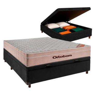 Imagem de Cama Box Bau Preto Casal + Colchão Molas Ensacadas - Ortobom