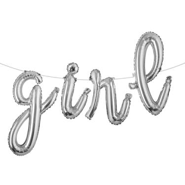 Imagem de Letras de banner de balão de 40,6 cm para meninos ou meninas | Balões reveladores de gênero, decorações de revelação de gênero | Decorações de chá de bebê (L menina prata)