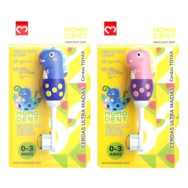 Imagem de MOMODENT Escova de Dentes Infantil para 0-3 Anos Bebe, Dinossauro, Cabo de Silicone Macio, Cabeça Macia, Limpeza Suave (Azul+Rosa(2 unidades))