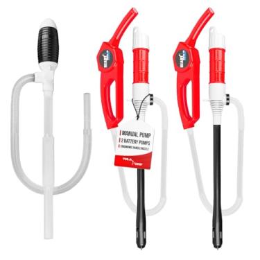 Imagem de TERA PUMP Pacote de bomba de combustível – Conjunto 3 em 1 com 1 bomba de sifão manual (TRDPF25) e 2 bombas de bateria (TRHD05) – Transferência rápida de líquido para gás, diesel, querosene, e15-e85