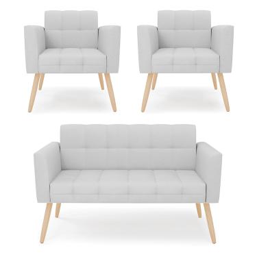Imagem de Kit 1 Sofá Namoradeira e 2 Poltronas Elisa Linho Cinza A05 Pés Palito Natural - D'Rossi