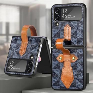 Imagem de Capa com pulseira de couro PU para Samsung Galaxy Z Flip 5 5G Rhombus Diamond Pattern Stand Holder Capa para Samsung Z Flip 4 Bolsa, Azul, para Samsung Z Flip 4