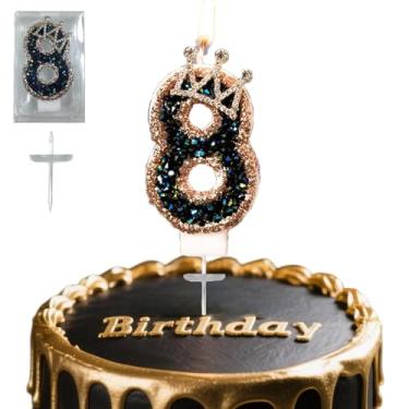 Imagem de Velas digitais de aniversário, coroa preta e dourada nº 8 velas de aniversário, adequadas para meninos e meninas, comemorações de aniversário e aniversários, são os presentes preferidos para expressar
