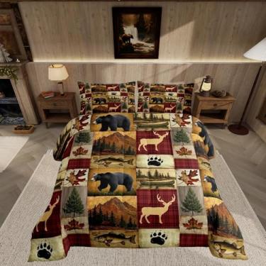 Imagem de Feelyou Jogo de cama rústico com urso, tamanho infantil, cabana e veado, para meninos, meninas, adolescentes, casa de fazenda, animais selvagens, capa de edredom vermelho e marrom, respirável, macio e