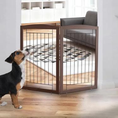 Imagem de ZJSF Portão de cachorro dobrável independente para casa, extragrande, de madeira, para ambientes internos, portões para animais de estimação, cerca alta para cães, 2 painéis, cerca marrom