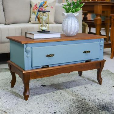Imagem de Mesa De Centro Retangular 2 Portas Pés Luiz Xv - Azul Céu Laca Com Tampo E Base Imbuia Glazer