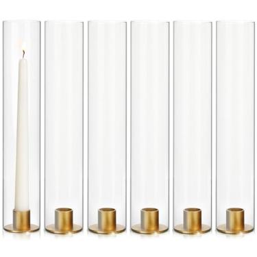 Imagem de Vixdonos Suporte de vela de vidro Hurricane com suporte de vela de metal, conjunto de 6 castiçais modernos cônicos de 30 cm de altura para mesa de festa de casamento centro de mesa ao ar livre