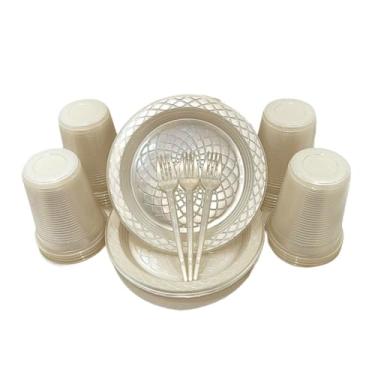 Imagem de Kit 300 Itens Festa Aniversário Descartáveis Plástico Colorido Perolado 100 Pessoas Completo Pratinho Garfinhos Copos (Champanhe Perolado)