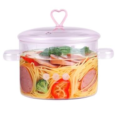 Imagem de Panela de vidro de 1,5 L com tampa e alça, panela de material de vidro borossilicato resistente ao calor transparente rosa para fogão, panela de cozimento fervente espessa para sopa, mingau, leite e