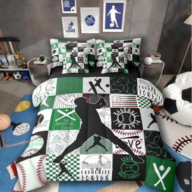 Imagem de Jogo de cama de beisebol, solteiro, com lençóis, quadriculado geométrico, preto, patchwork, esportivo, 7 peças, jogo de cama com jogador, jogo de cama em uma bolsa, europeu esportivo softball, para