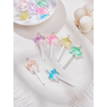 Imagem de Pingente de resina pirulito de estrela, pingentes de estrela de plástico cintilante rosa, azul, amarelo, verde, roxo, adorável comida, doce, sobremesa, pingentes com laço e lantejoula para fazer joias
