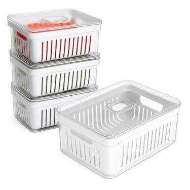 Imagem de Kit 4 Organizadores de Geladeira com Escorredor – Cestos Plásticos Multiuso para Frutas, Legumes e Verduras – Organizador de Geladeira e Armário Transparente para Legumes, Frutas e Vegetais