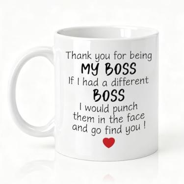 Imagem de SRWNFOS Caneca de café de cerâmica Thank You For Being My Boss, copo de bebida engraçado para supervisor, presentes de agradecimento de aposentadoria para colega de trabalho, presentes de aniversário