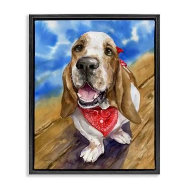 Imagem de Stupell Industries Basset Hound com Bandana Moldura Dourada Tela Flutuante Arte de Parede Design por George Dyachenko, 89 x 63 cm