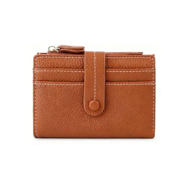 Imagem de Carteira feminina pequena, dobrável, de couro com bloqueio de RFID, porta-moedas com janela para identidade e porta-cartão de crédito, Marrom, liso